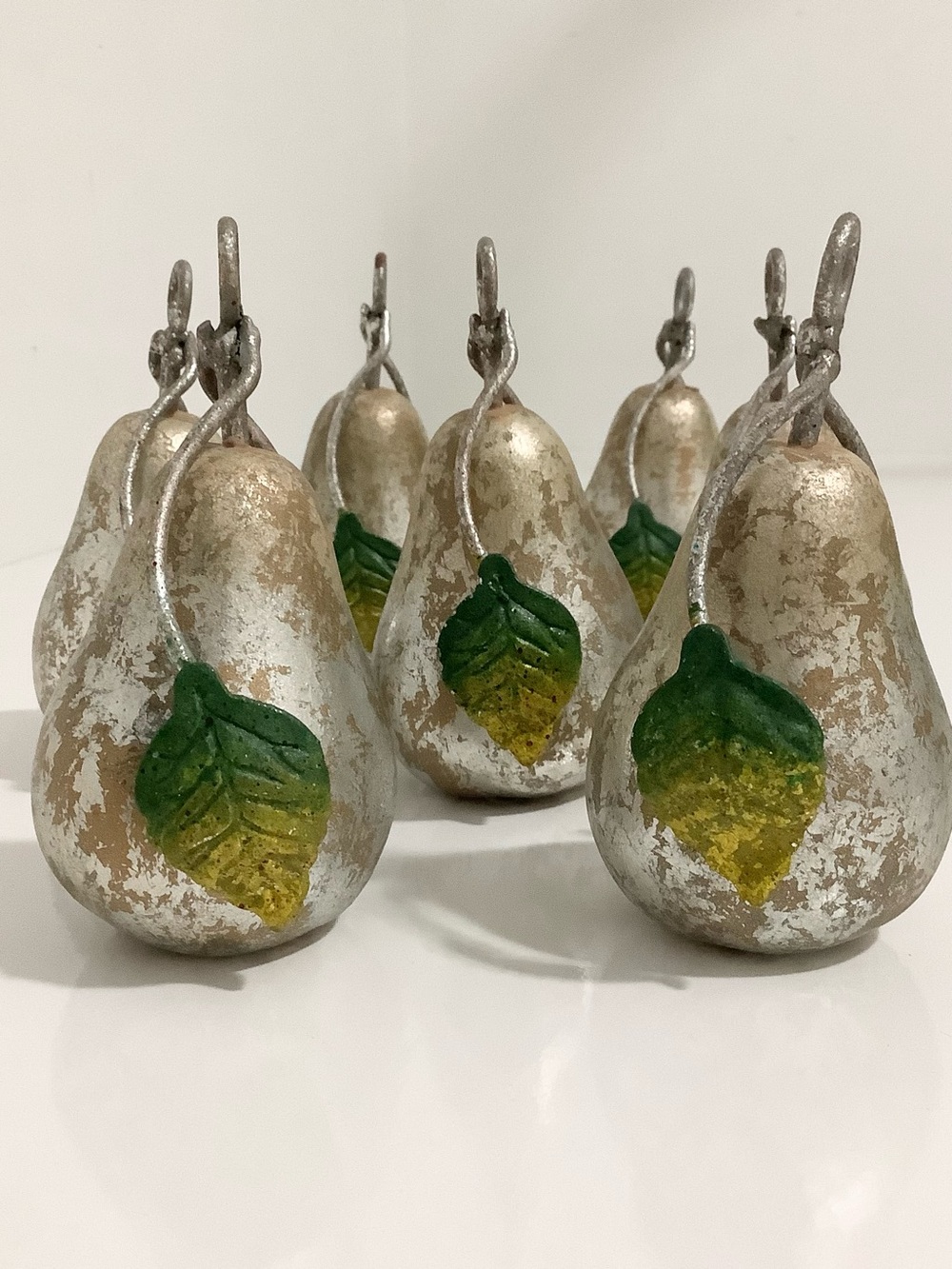 Set of 7 Antique-Style Metal Distressed Silver Gold Pear Ornaments Hanging Decor